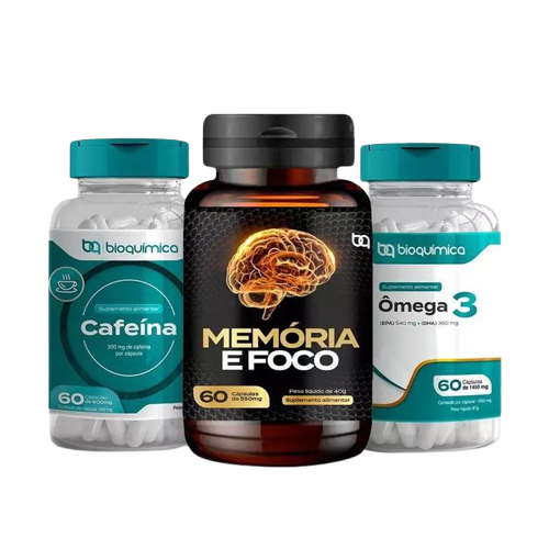 CAFEÍNA 60CAPS + MEMÓRIA & FOCO 60CAPS + ÔMEGA 3 60CAPS – KIT ENERGIA, FOCO E PERFORMANCE BIOQUÍMICA